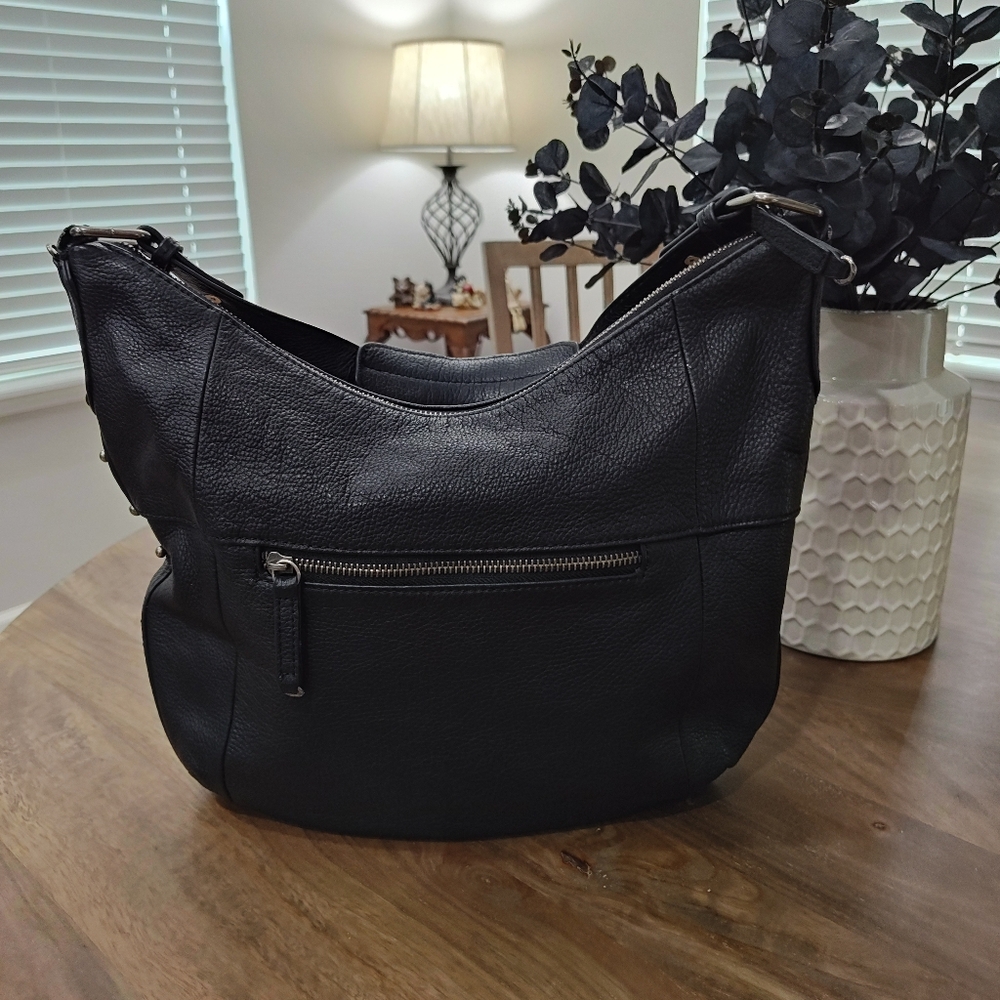 Stylish Lucky Brand Black Pebble Leather Hobo Purse W/ Silver Accents. Great Bag - Picture 3 of 15